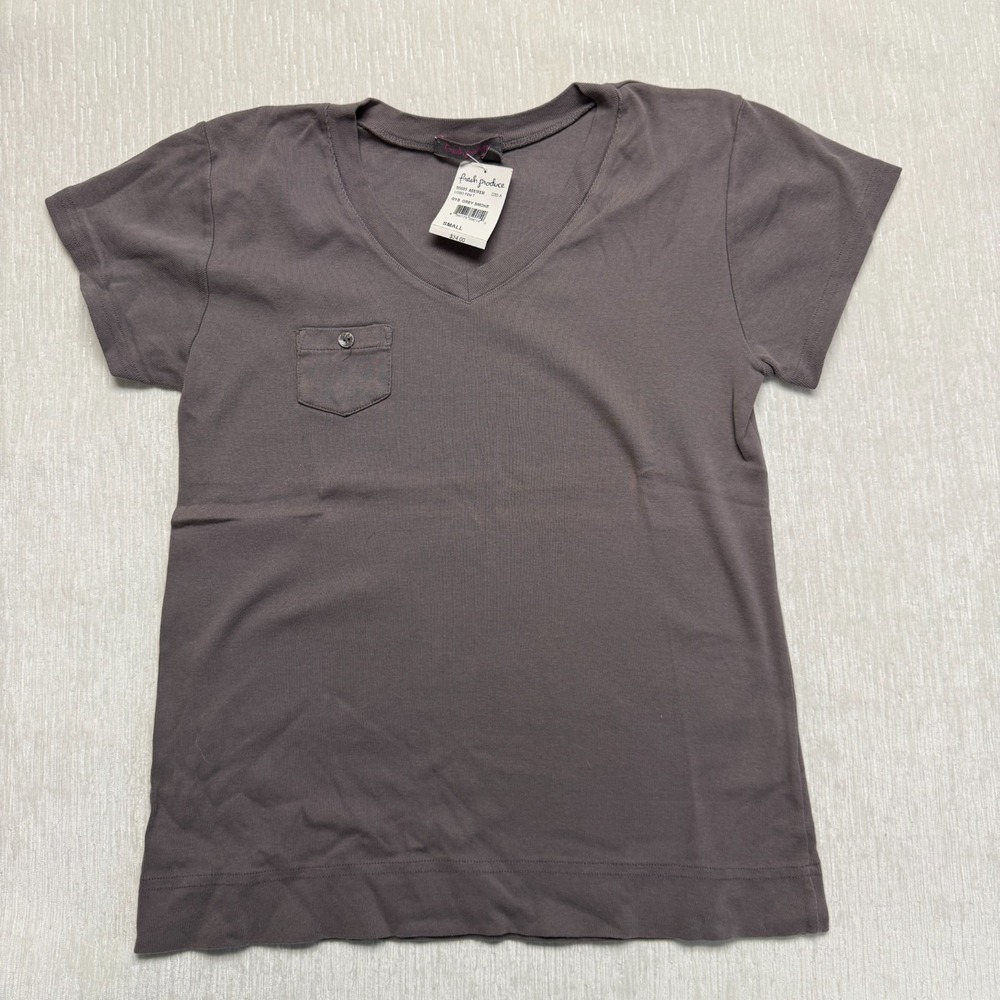 Fresh Produce Pocket Tee Shirt Womens Small Smoke Gray Knit Cotton Casual V-Neck